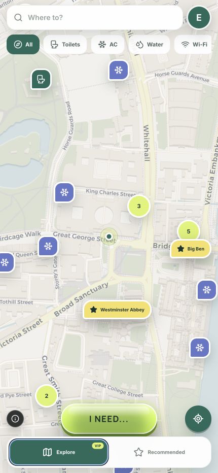 WhileHere VIP map showing toilets, AC and landmarks around Westminster