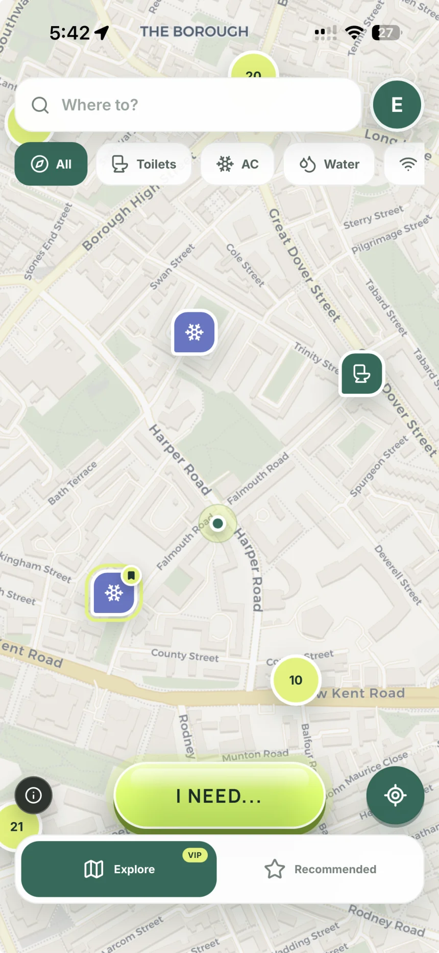 WhileHere map showing toilets, AC and landmarks around Westminster